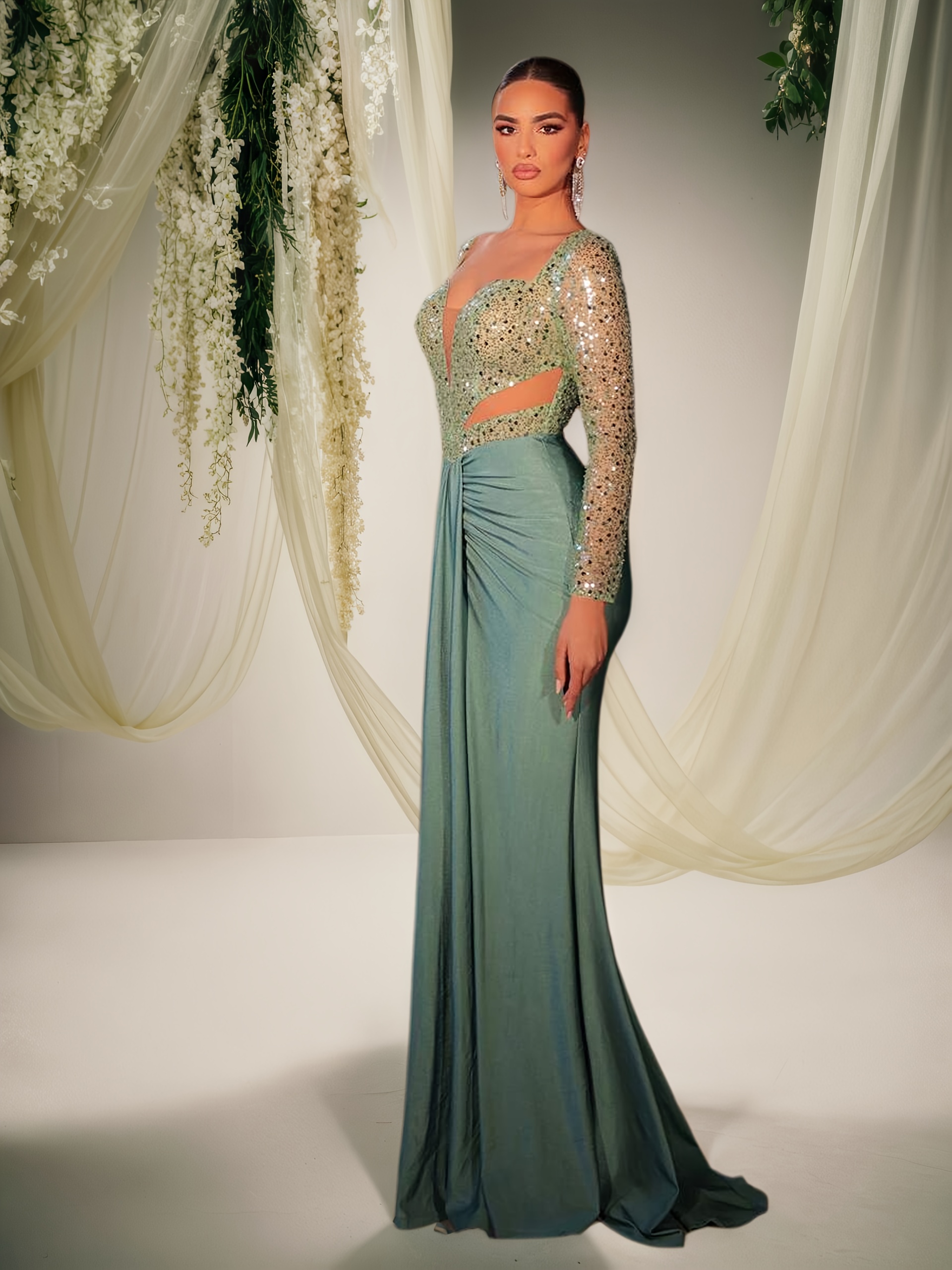 ignite evenings new york dress Rose Pink Floral Sequin Long Sleeve A-Line Gown Blush Pink / Tea Length / US8 main image 1