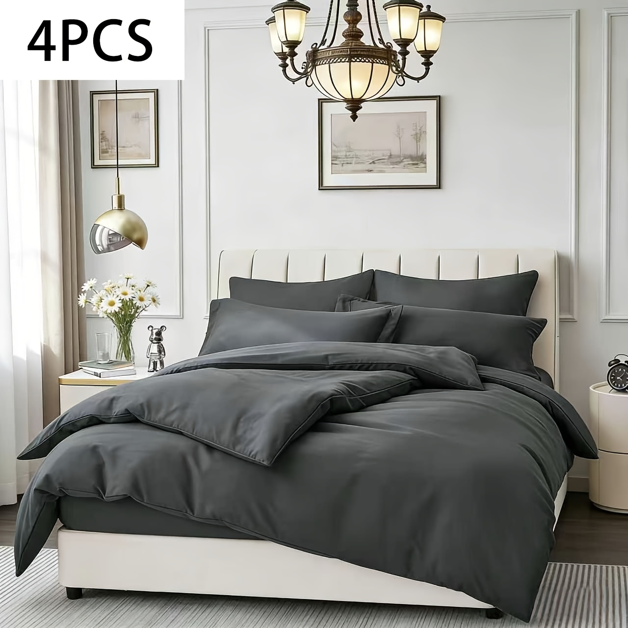 E-shop 4-teiliges robustes Bettbezug-Set aus Stoff - 2 Bettbezüge 135x200 cm mit 2 Kissenbezügen 80x80 cm, Twin Queen Bettbezug weich, atmungsaktiv und