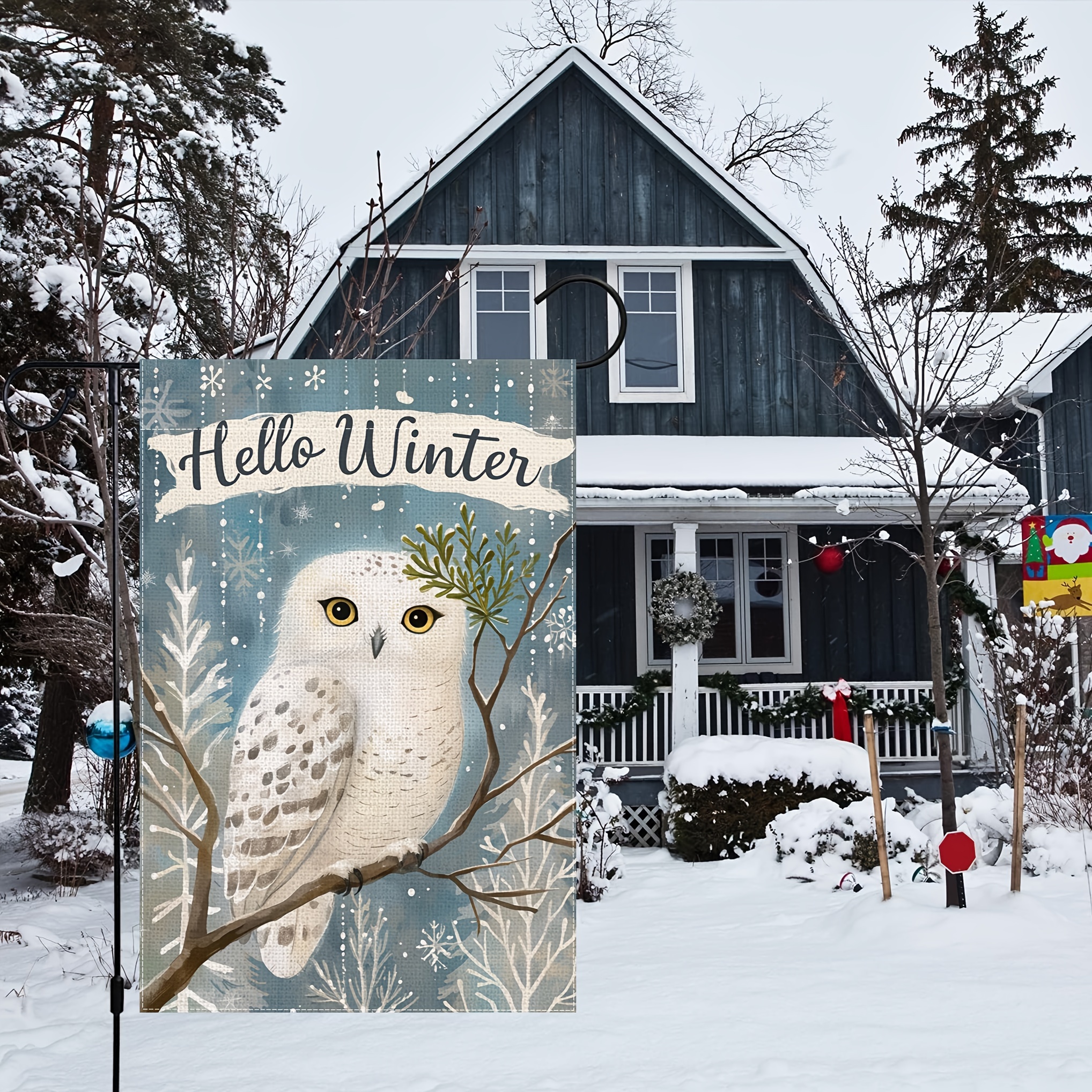 

Charming Snowy Owl & Evergreen Leaf Garden Flag - Double-sided Linen, Weather-resistant 12x18 Inch - Perfect For Winter & Holiday Outdoor Decor