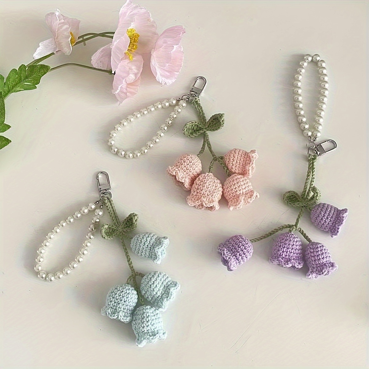 Charming Crochet Floral Keychains with Pearl Beads