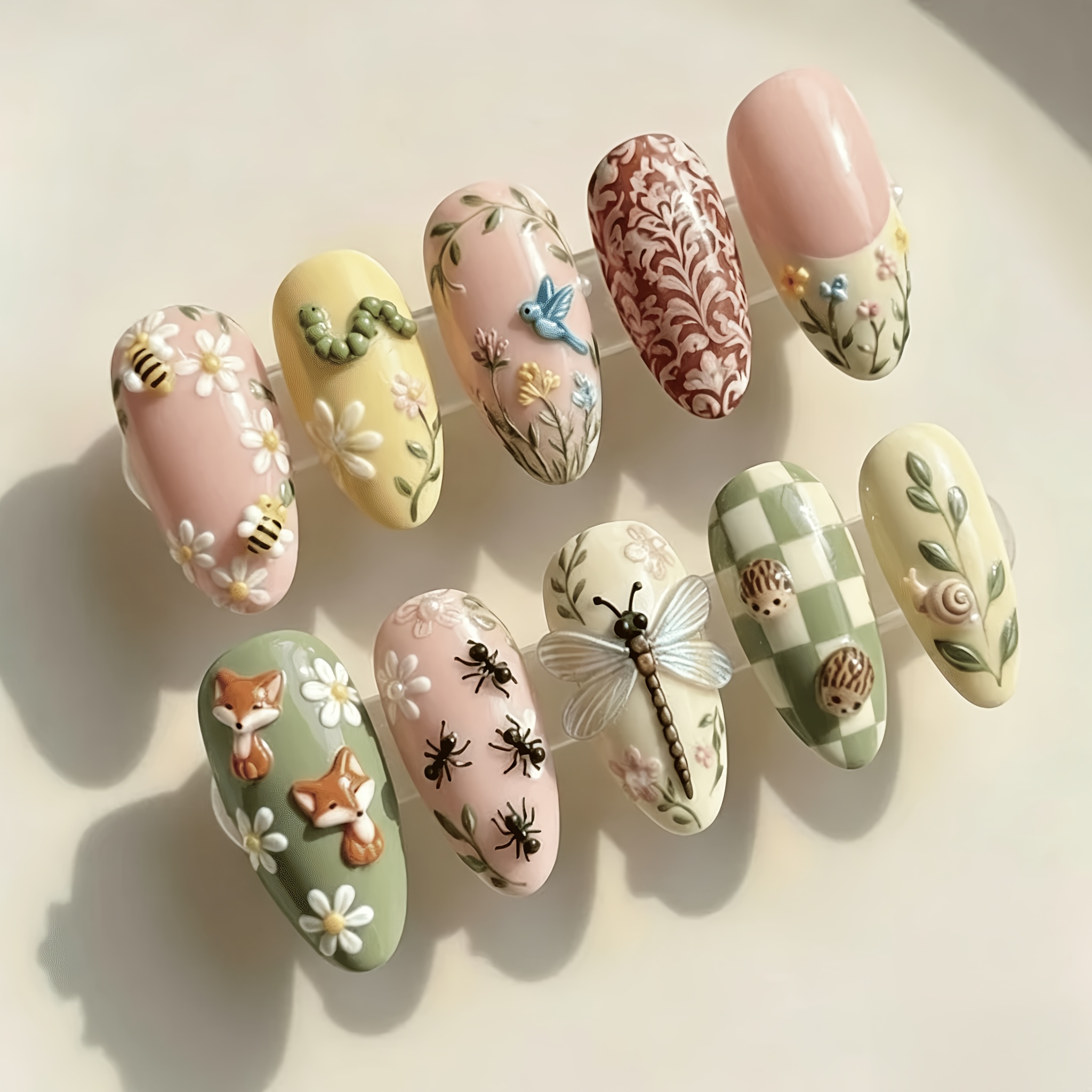 TEMU 10pcs Nail Wearable Nail Sheets, 3d Fox, Bee, Ant, Dragonfly, Snail, Little Hedgehog Soft Clay Additions, Relief Non-fading, Milk Green / Pale