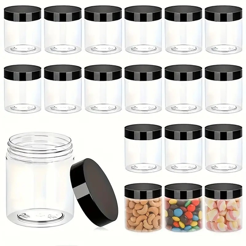 24pcs Clear Plastic Storage Jars With Black Lids | 4oz Round Containers For Nuts, Fruits, Candies, And Snacks | Reusable & Multipurpose Kitchen Organizer | Sleek Container Design | Durable Storage