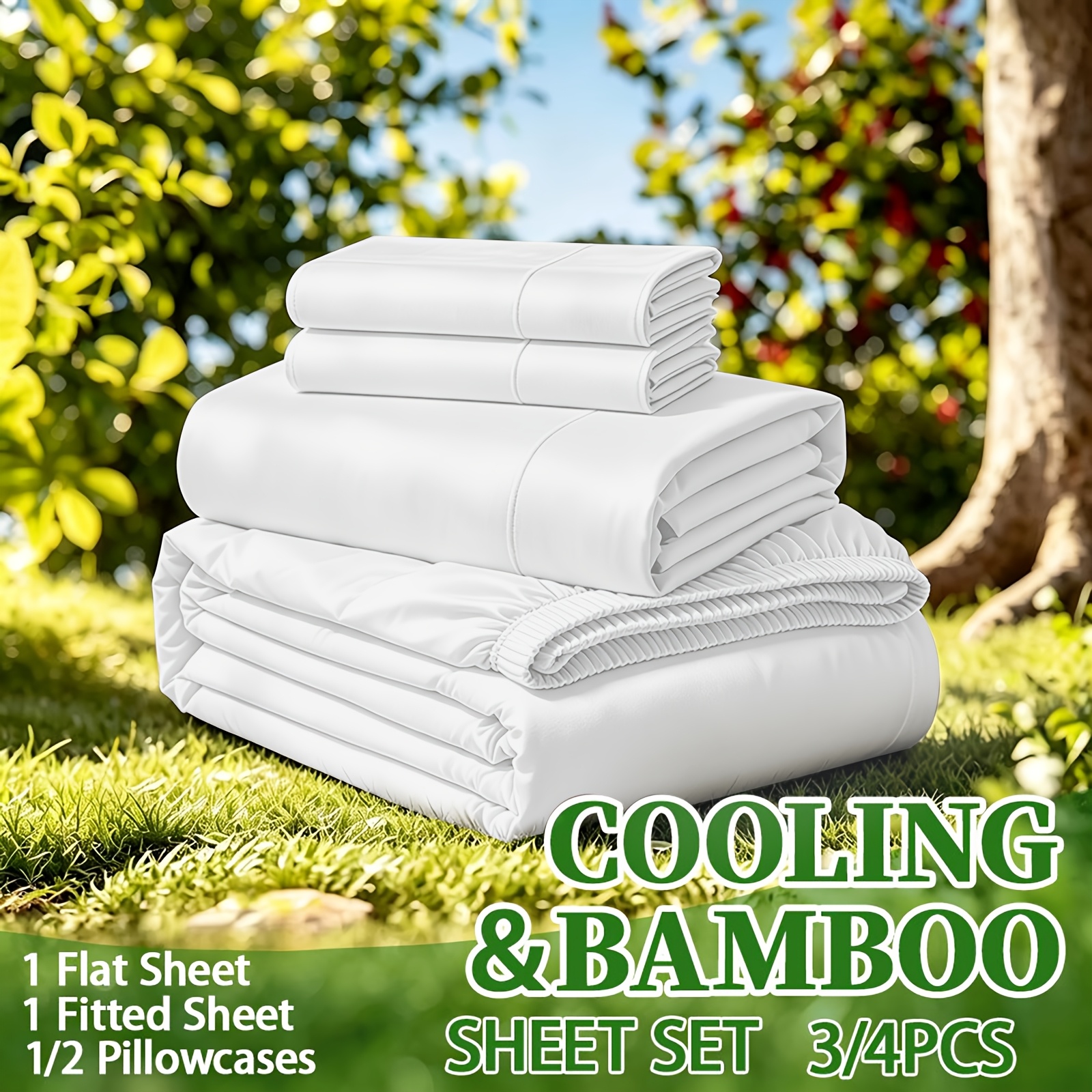 TEMU 3/4pcs Extra Deep Pocket Bamboo Fiber Bed Sheet Set Queen Sizes With 1/2 Children Pillowcases, Cooling, Breathable And Comfortable, Fit For Hot