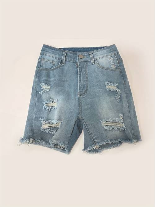 womens ripped denim shorts vintage washed blue hem ultra trendy casual jeans clothing for summer style