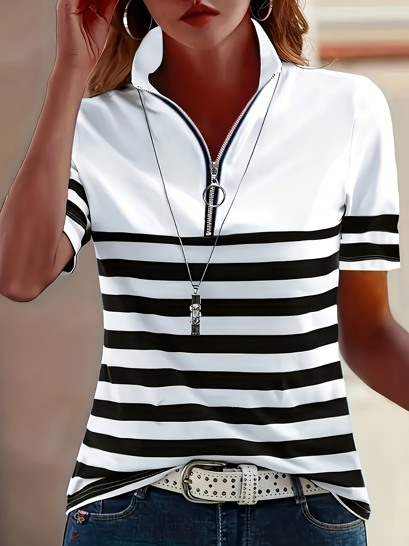 spring summer womens short sleeve stand collar t shirt zipper design striped print top