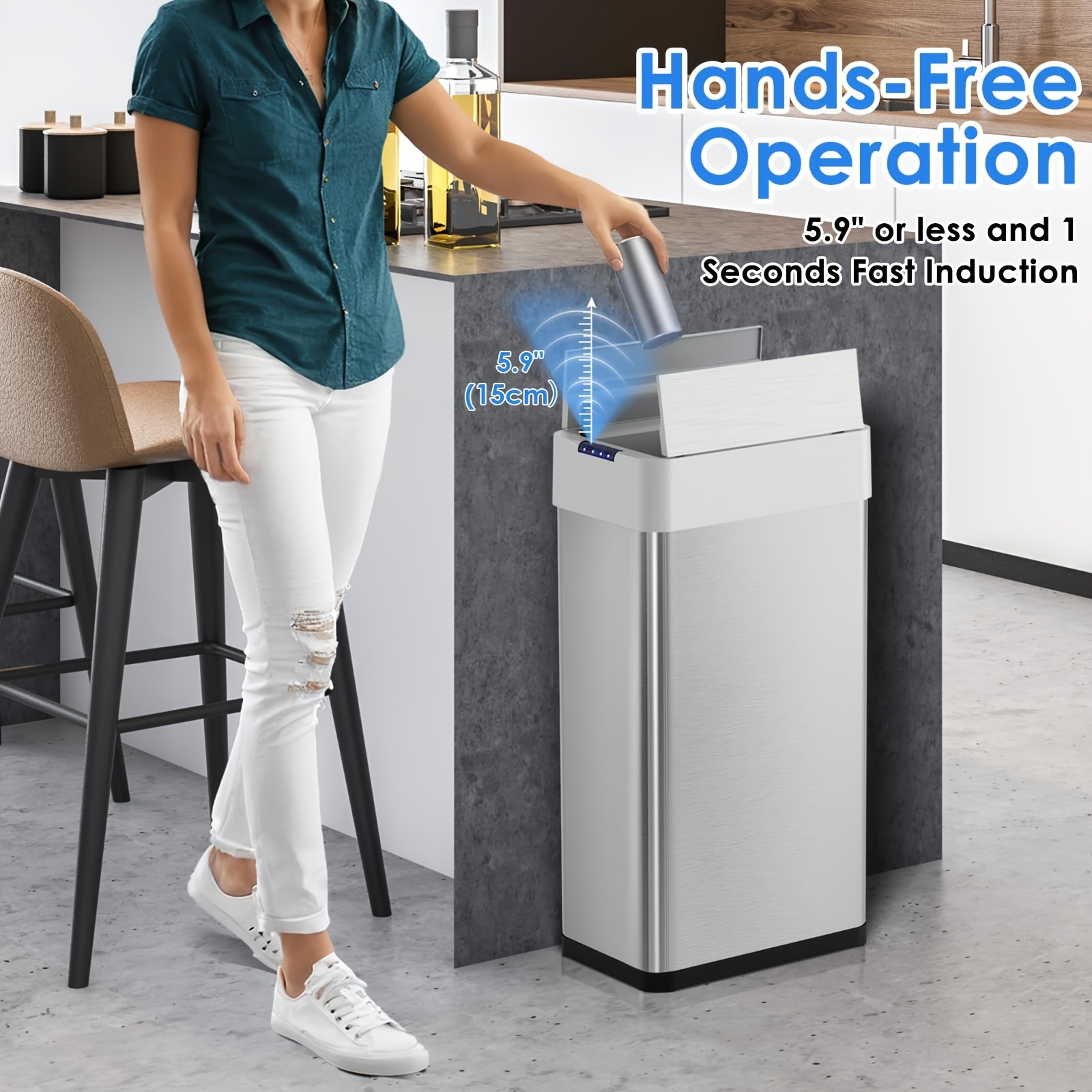 

13.2/15.9//21.1 Gallon Automatic , Motion Sensor Touchless Trash Can, With Lid, Stainless Steel, For Kithchen, Living Room, Office