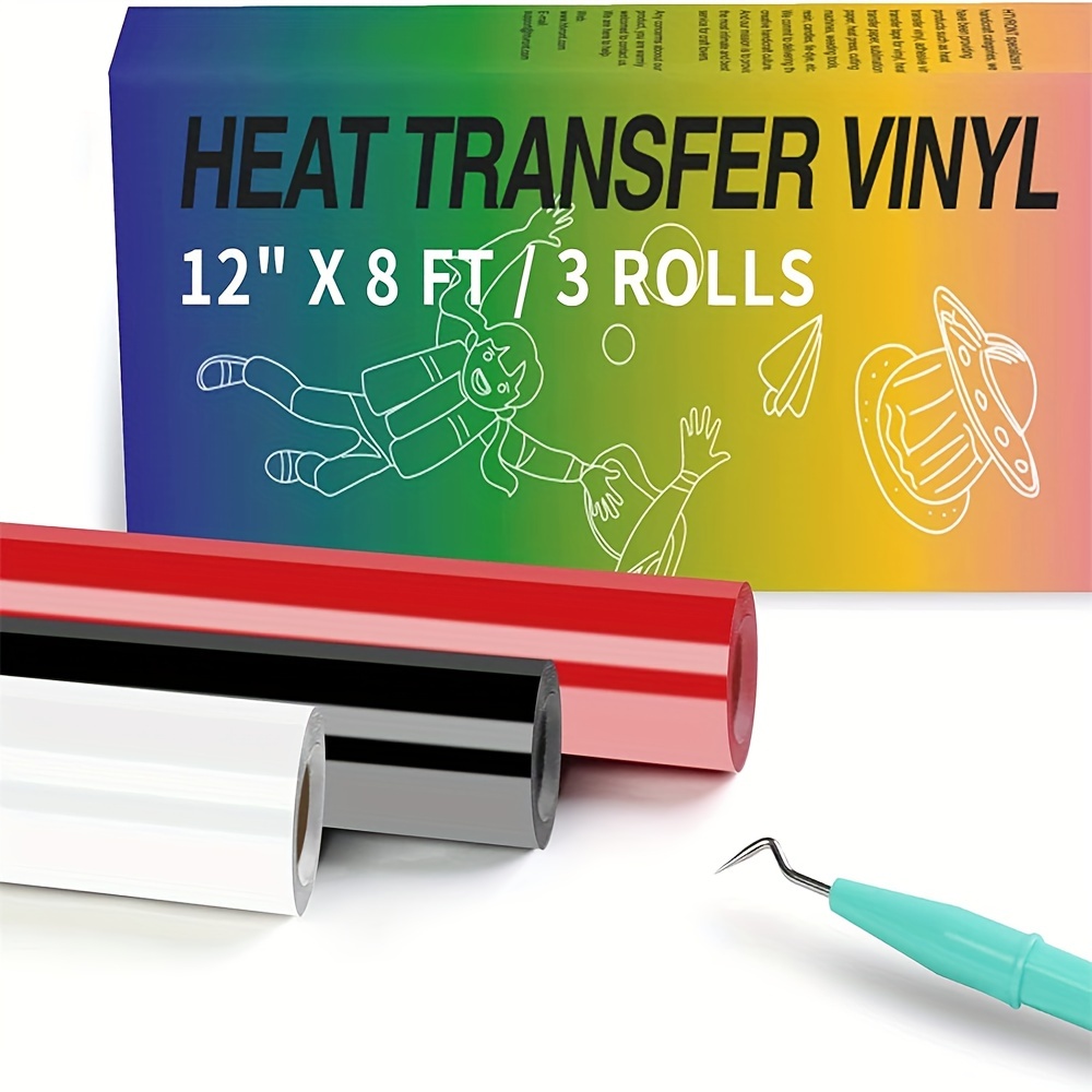 

Htvront 3 Rolls 12" X 8 Ft Vinyl Rolls Black White And Transfer Vinyl Iron On Vinyl For T-shirt Easy To Cut For Heat Vinyl Design