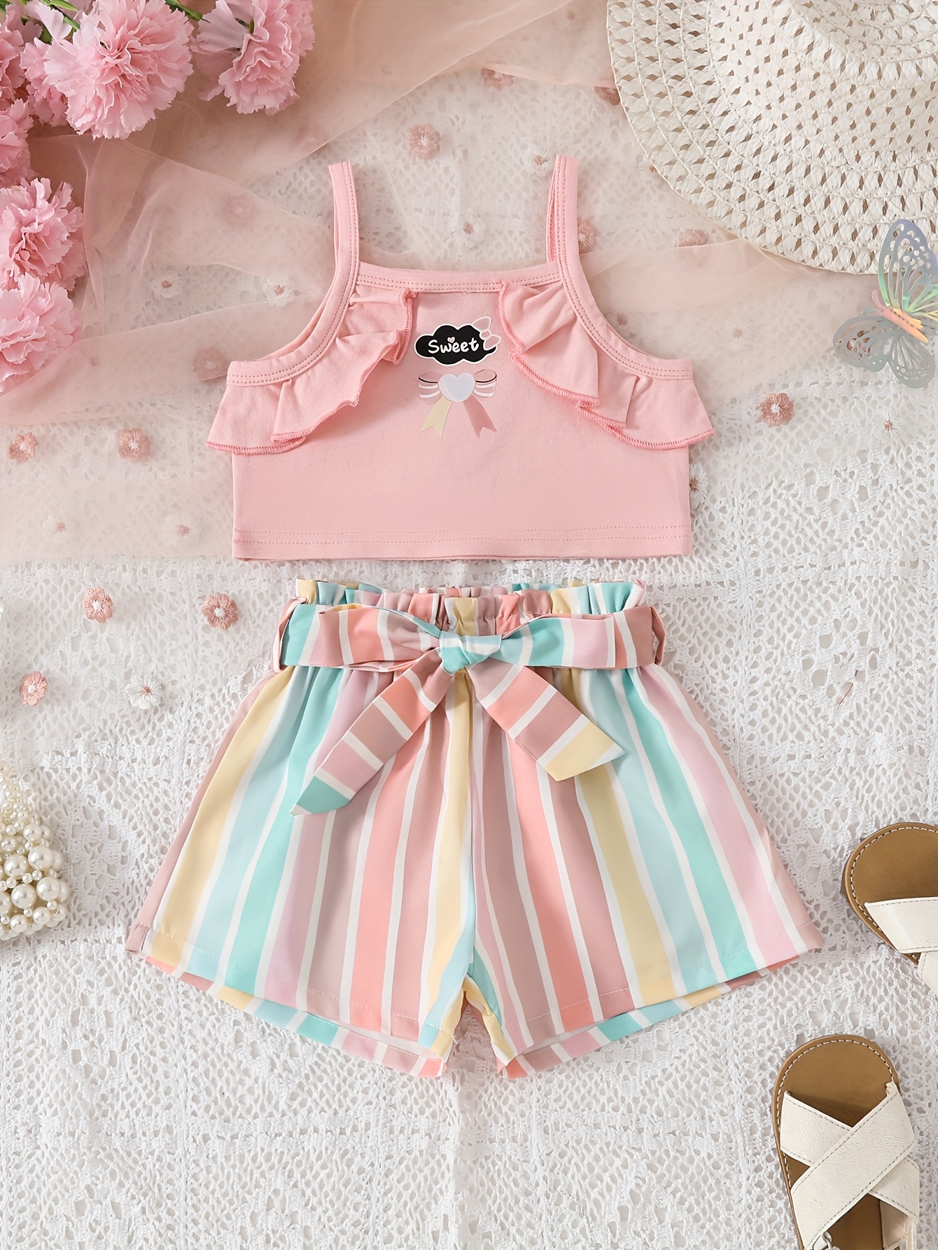 cute summer outfit baby girls pink ruffle tank top rainbow Temu