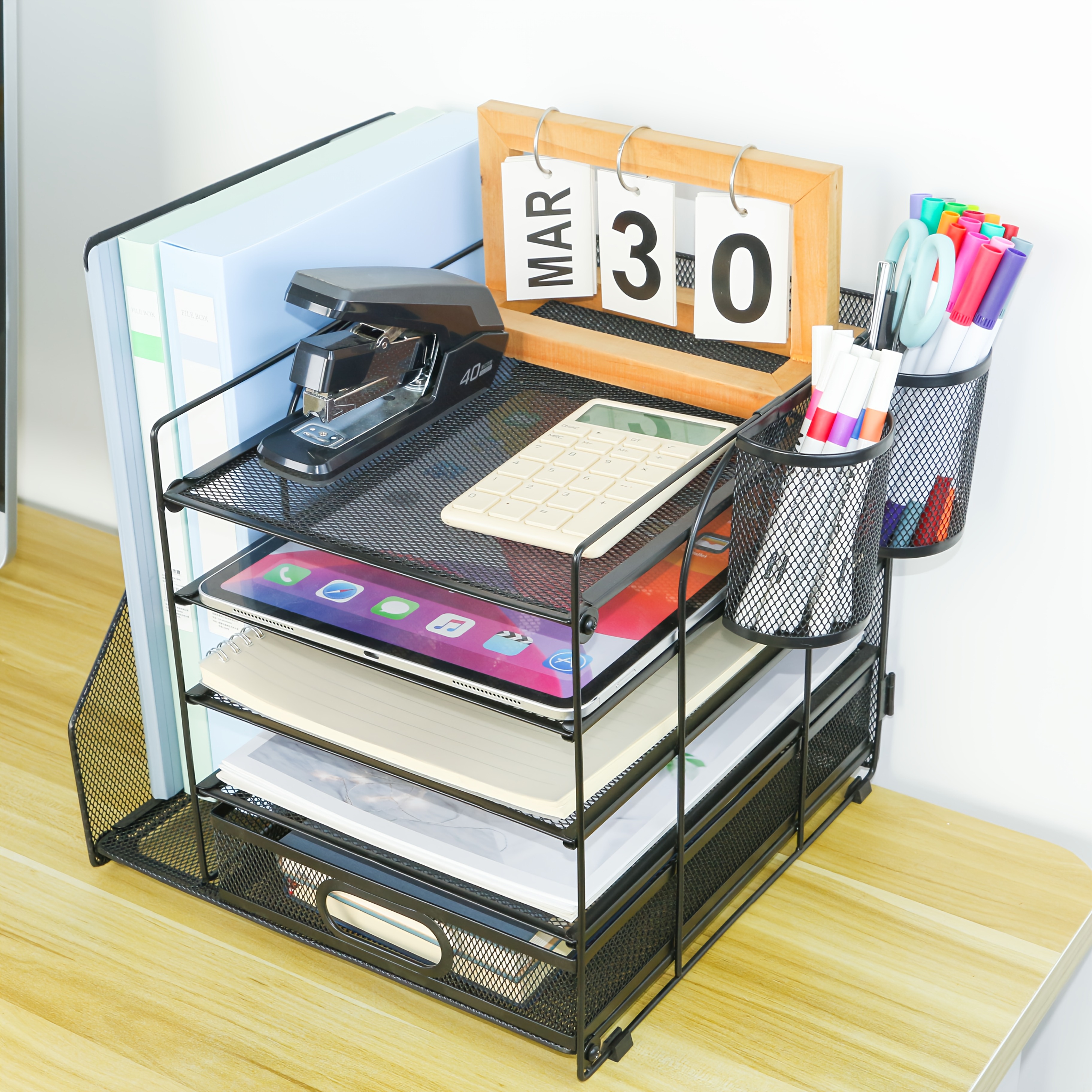 Schreibtisch-Organizer Aus Holz – 4-stufiges Büro-Accessoire Mit Schublade, Stiftehalter Und Zeitschriftenfach – Platzsparendes Vertikales Design Für Home-Office, Studium & Co. Schreibtisch-Organizer Holz