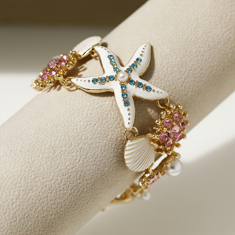 Bohemian Ocean Starfish & Seashell Bracelet with Rhinestones