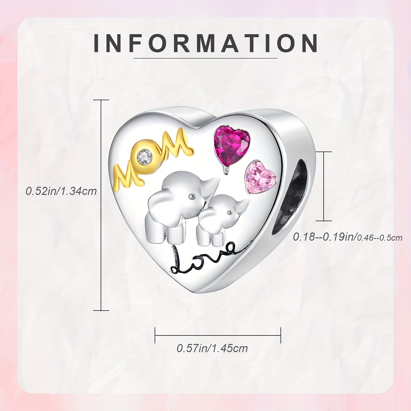 925 Silver Elephant Heart Charm Pendant Pink CZ Perfect Gift for Mom
