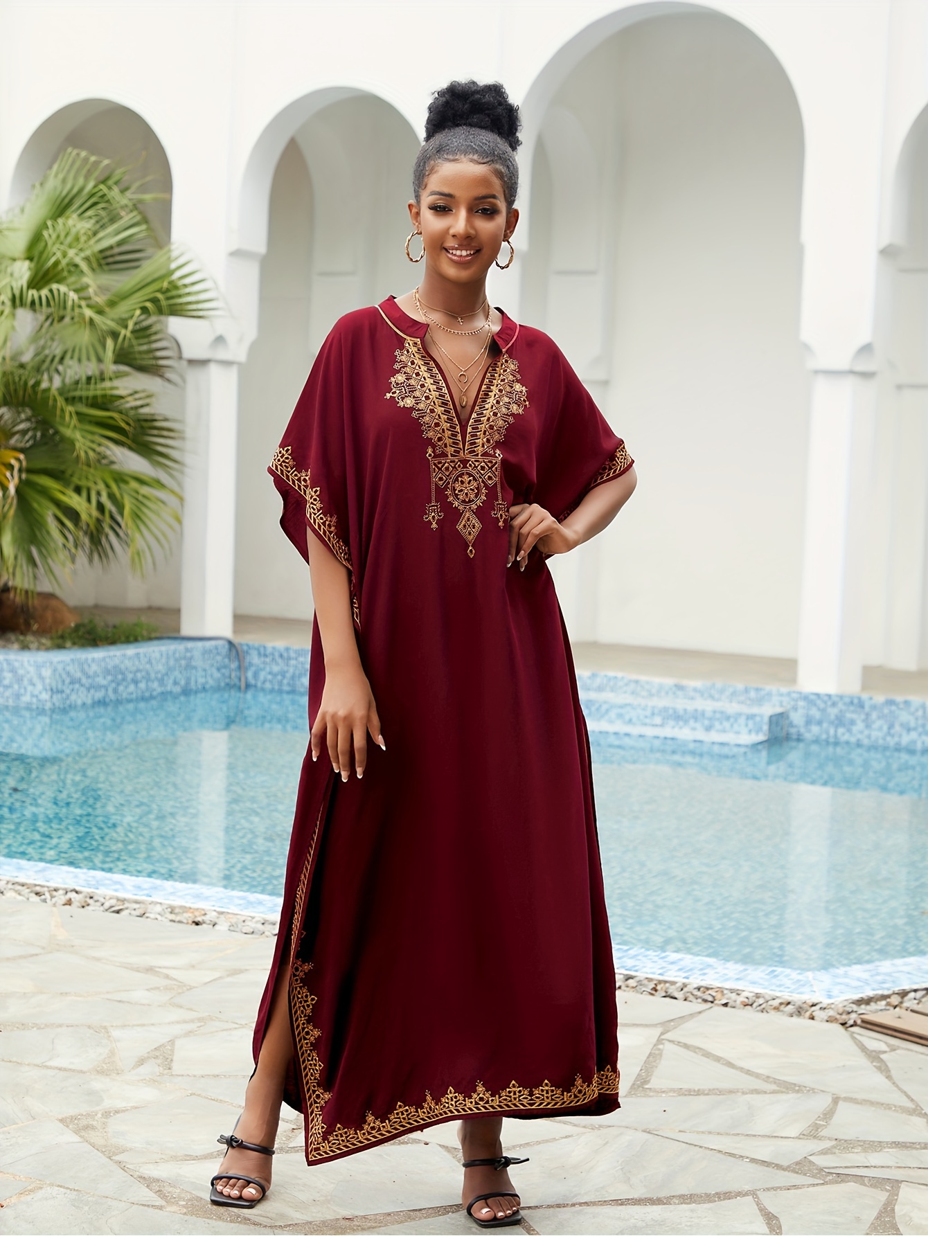 women s long robe dress v neck ethnic print kaftan dresses Temu