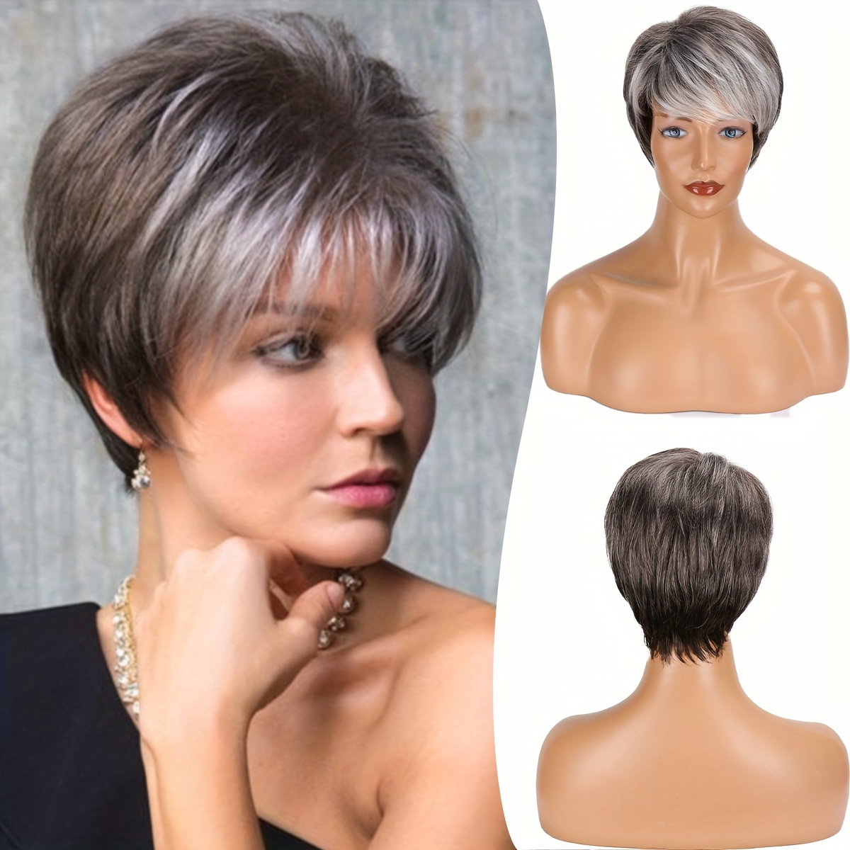 

Women's Short Gray Elf Short Hair Wig With Bangs Dark Hair Root Soft Layered Synthetic Wig For Daily Clothing, Suitable For