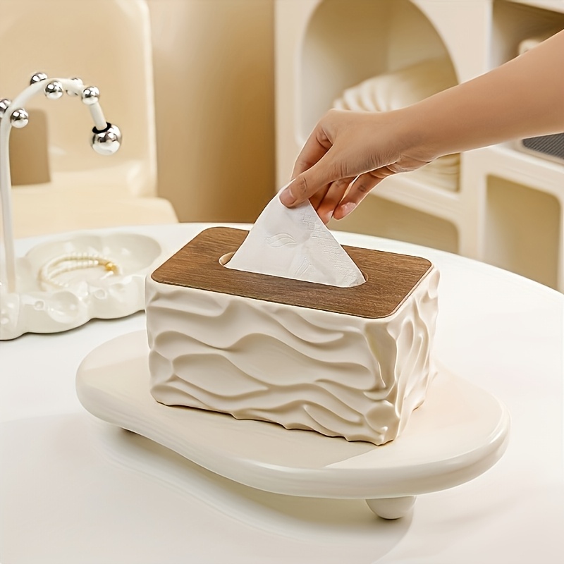 TEMU Wooden Lid Tissue Box - Large Capacity, Black, White, Off-white, Gray, Durable Plastic Bathroom And Living Room Storage Box, Contemporary Home
