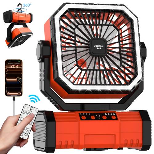 20000mah portable camping fan with bluetooth speaker rechargeable battery powered oscillating camping tent fan with remote wind led light and 360 swivel hook suitable for outdoor rv travel