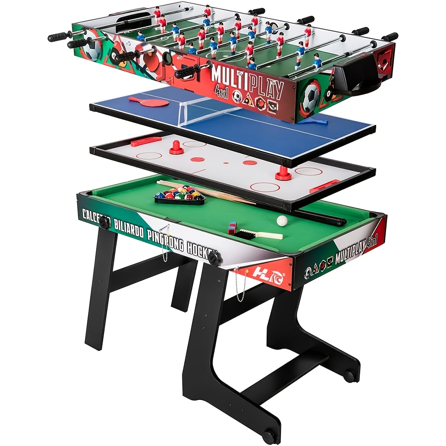 TEMU Hlc 4-in-1 Multifunctional Game Table With Foldable Legs & Telescopic Rods - Convertible Billiards, Table Tennis, Hockey Table - Space-saving