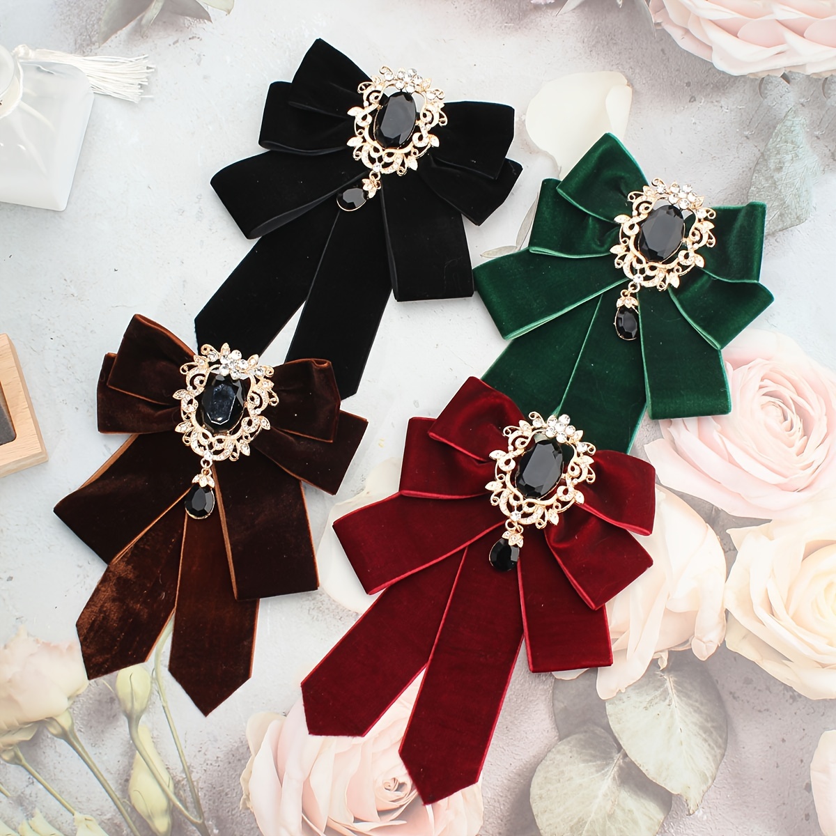 

Exquisite Velvet Bow Synthetic Gems Inlaid Brooch Clothing Pin Luxury Elegant Style Banquet Accessories