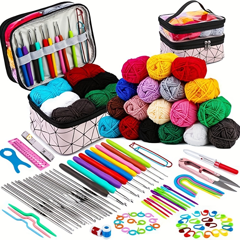 

105-piece Crochet Kit With Yarn Storage - Complete Diy Hand Knitting Set For All Seasons, Pink Metal Needles & Threads