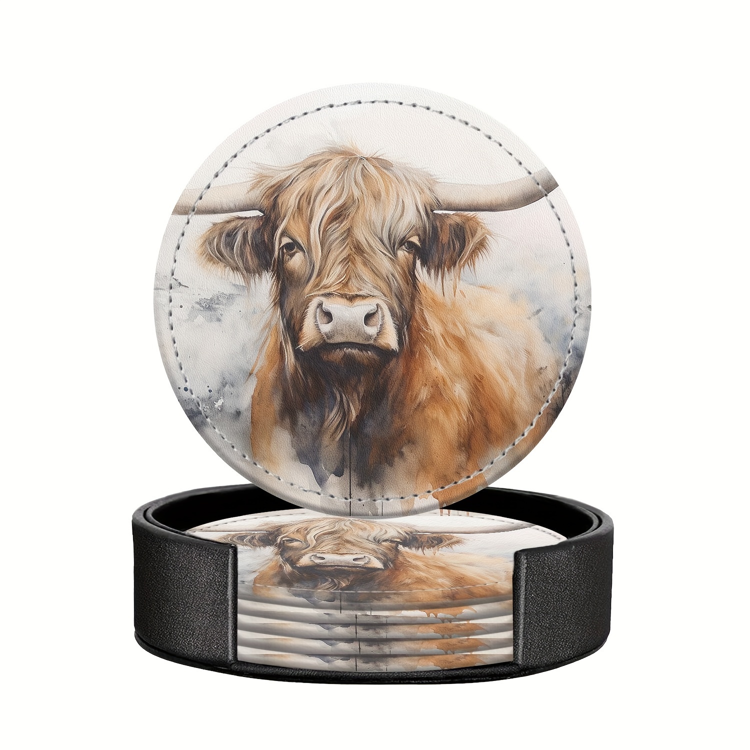 

Highland Cow Drink Coasters Set Of 6 - Polyurethane And Plastic, Watercolor Style Beverage Pads For Home And Kitchen Use