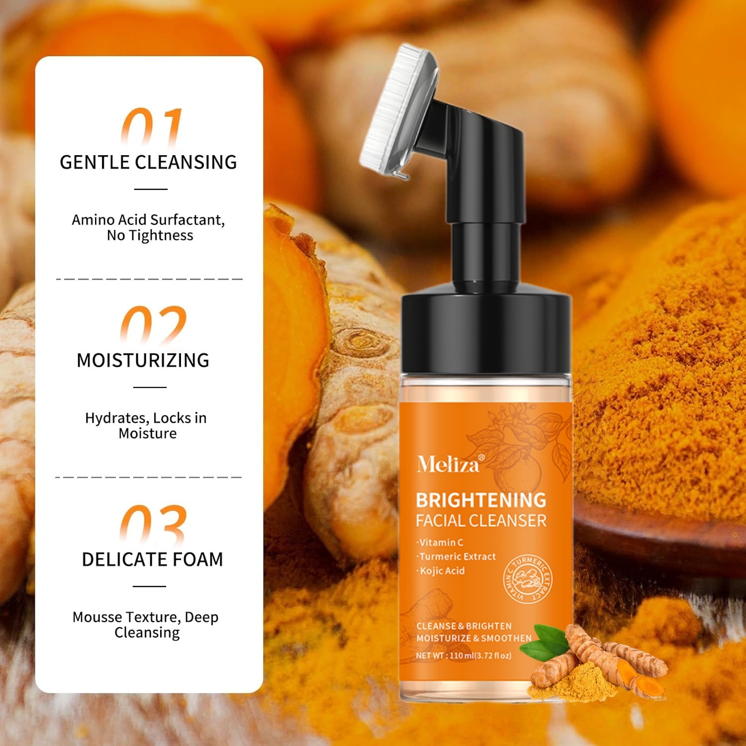 turmeric vc foaming cleanser turmeric kojic acid facial cleanser with brush dense foam moisturizing and non drying added   calendula vitamin c deep cleansing   oil control physical exfoliation 110ml 1pc daily cleaning products details 2