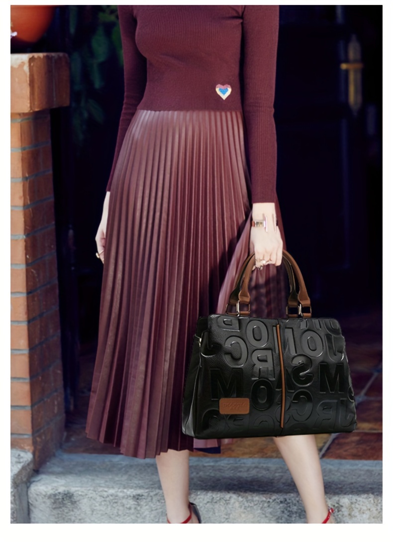 genuine genuine leather womens handbag   handbag with brown genuine leather accents embossed letter design large capacity handbag for everyday use genuine leather purse Product details 2