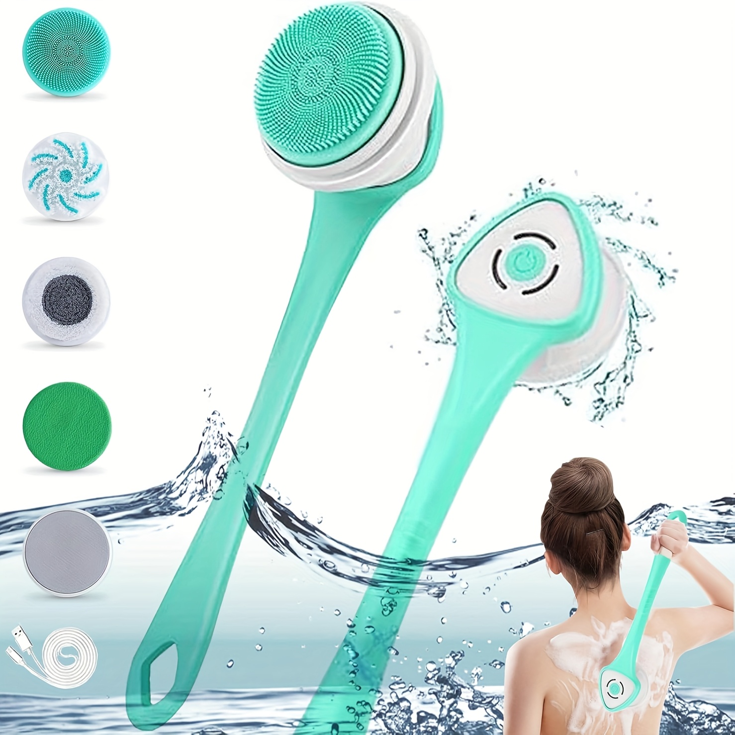 5 in 1 electric body back face shower brush usb powered electric shower head with long handle interchangeable heads soft silicone exfoliating brush rotating scrubber for full body back face   home use ideal self care gift back scrubber for shower personal care device ergonomic handle durable exfoliator deep cleansing detachable design   exfoliant   lovers Product details 1
