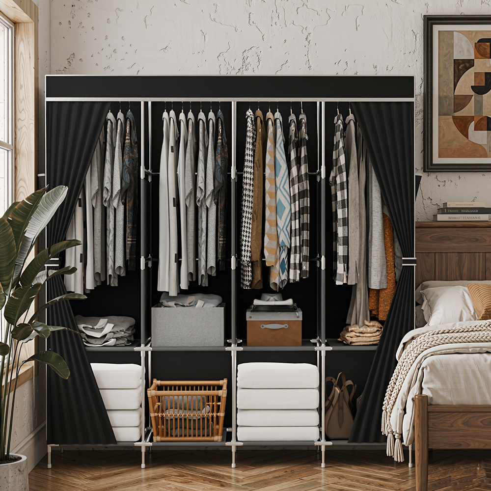 TEMU Portable Closet With Cover, 4 Side Pockets, Living Room Wardrobe, Storage Closet With Dust Cover, Clothes Organizer, Storage Shelves + Hanging