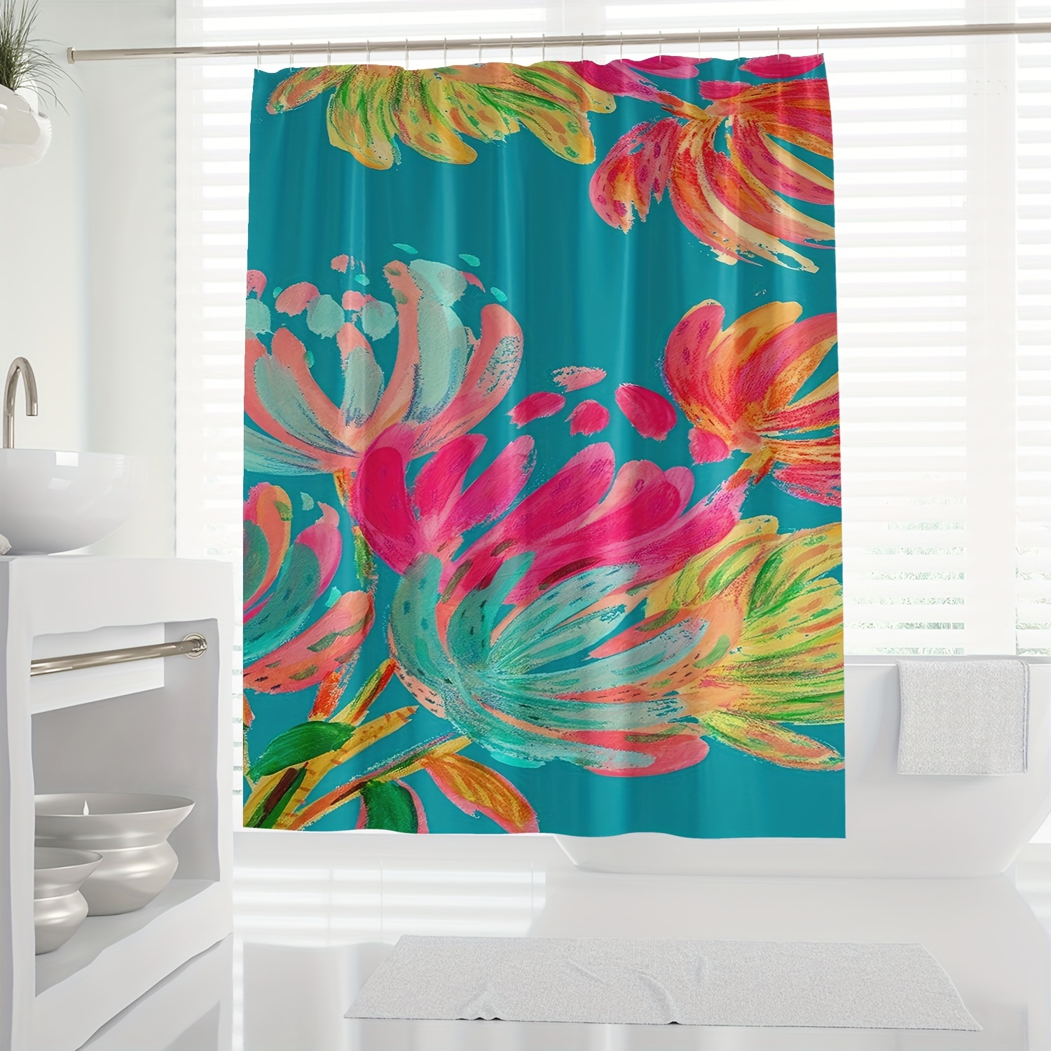 

Polyester Shower Curtain With Vibrant Colorful Wildflower Digital Print - Wrinkle-free, Machine Washable, Hook Included, Knit Weave, All-season, Cross Hatch Pattern, Arts Theme - 1pc