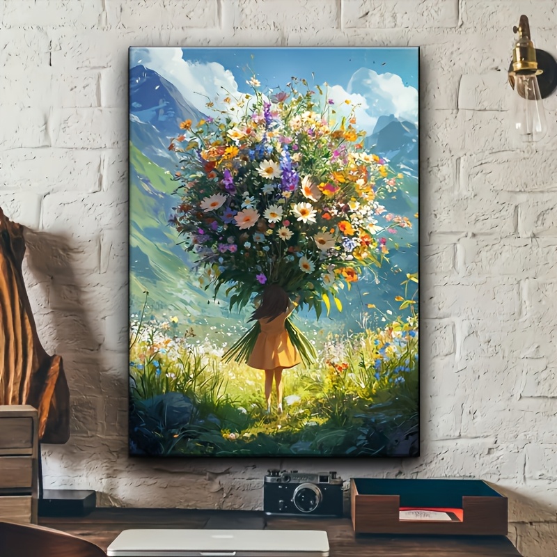 TEMU 1pc Framed Canvas Art Print - Vibrant Floral Scene With Girl, Mountains & Clouds, Rustic Wood Frame, Living Room, Bedroom, Kitchen, Or Office
