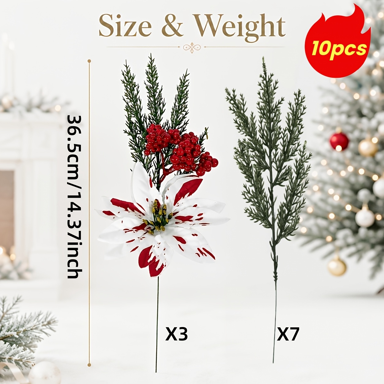 TEMU 10-pack 14.37-inch Large British- And Floral Picks With Dense Clusters And Evergreen Branches, Artificial Holiday Floral Stems, Suitable For