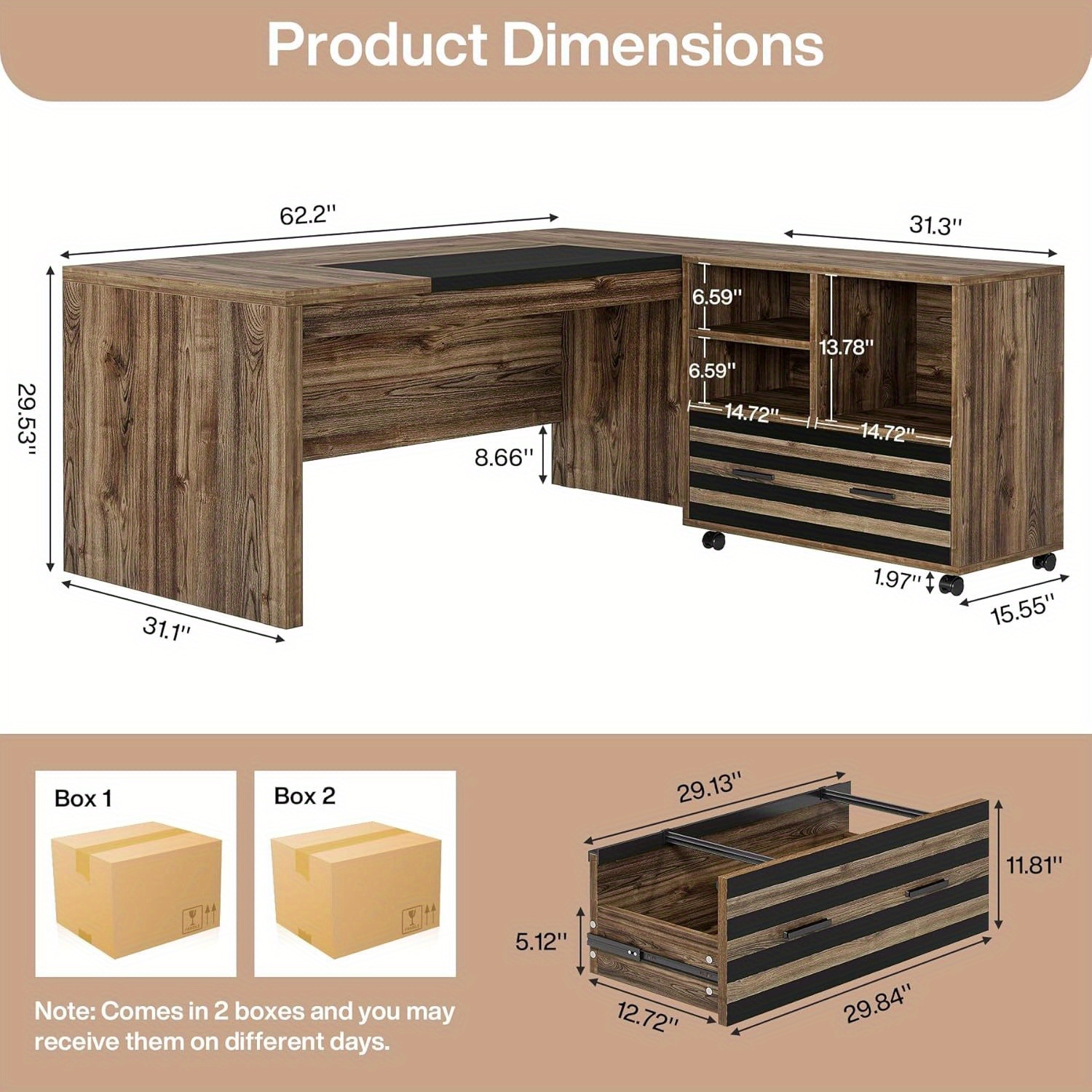 62.2" Executive L-Shaped Desk with Mobile File Cabinet