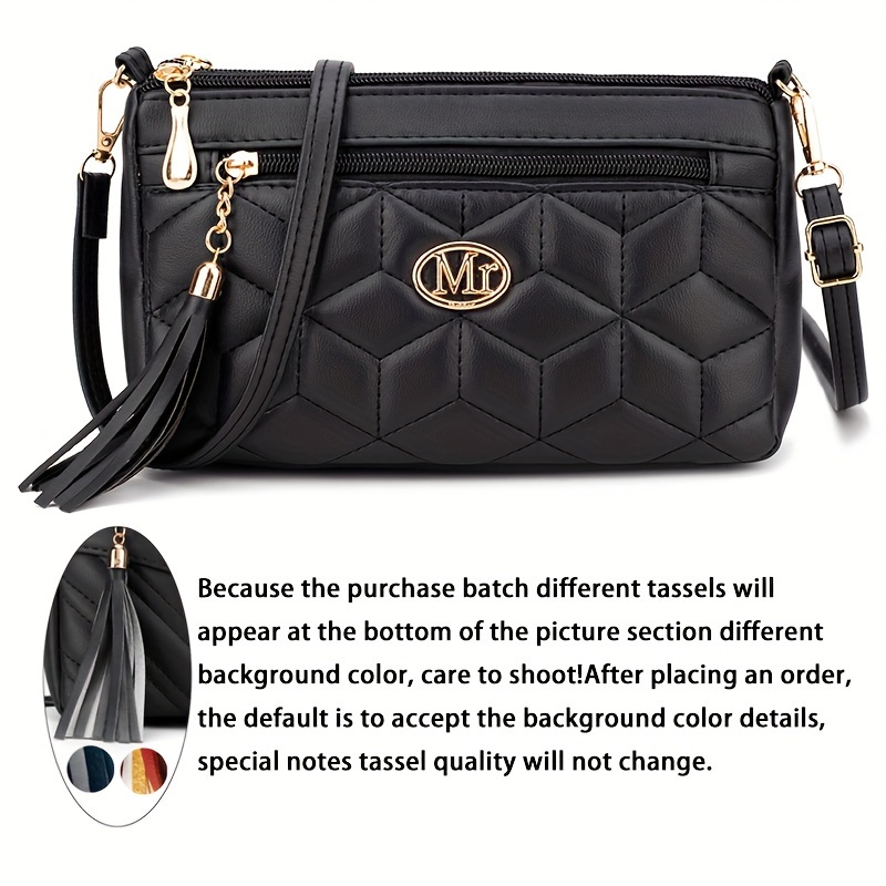 Image of Quilted Women's Crossbody Bag, Large Casual Shoulder Bag, Tassel Trim, Zipper, Adjustable Shoulder Straps