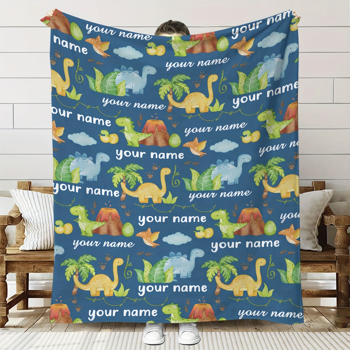 

Customizable Cartoon Dinosaur Print Blanket - Soft Warm Flannel Throw For All Seasons, Personalized Name Feature, Digital Printing, 100% Polyester Filling, Contemporary Style - Ideal Gift