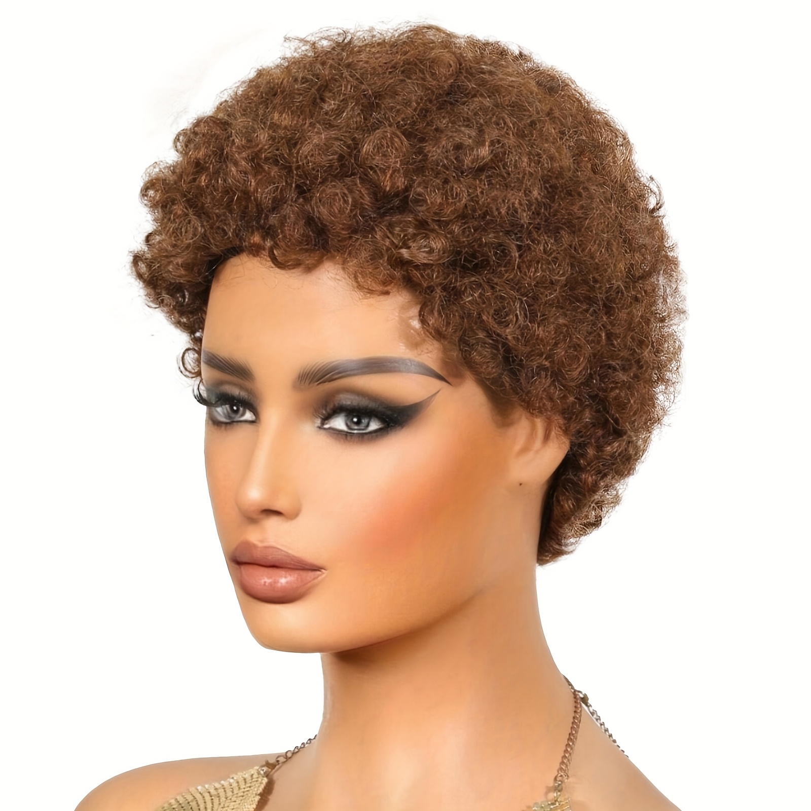 Image of Afro Human Hair Wig Short 8 Inch No Lace Front Machine Made Brazilian Glueless Brown Afro Curly Human Hair Wig For Women