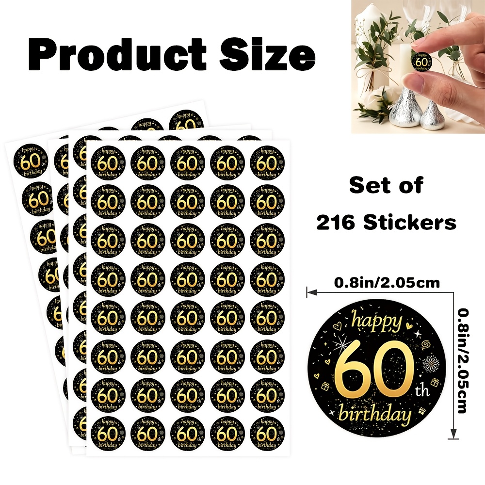 TEMU 216pcs Happy Birthday Theme Round Stickers, Featuring 60 With Hearts And Fireworks, Design For Celebrations, Suitable For Gift Bags, Gift Boxes,