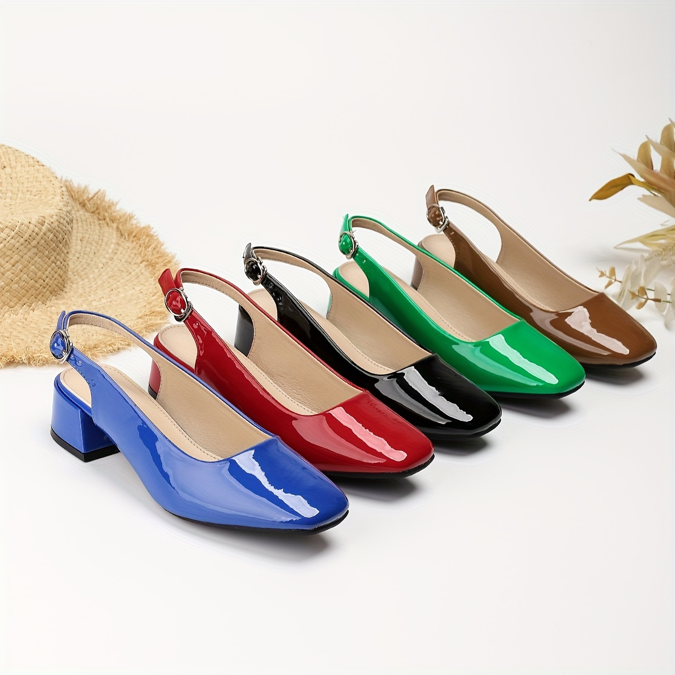 

Women's Elegant Slingback Block Heel Pumps, Squared Toe Versatile Summer Shoes, Ankle Buckle Slingback Dressy Shoes