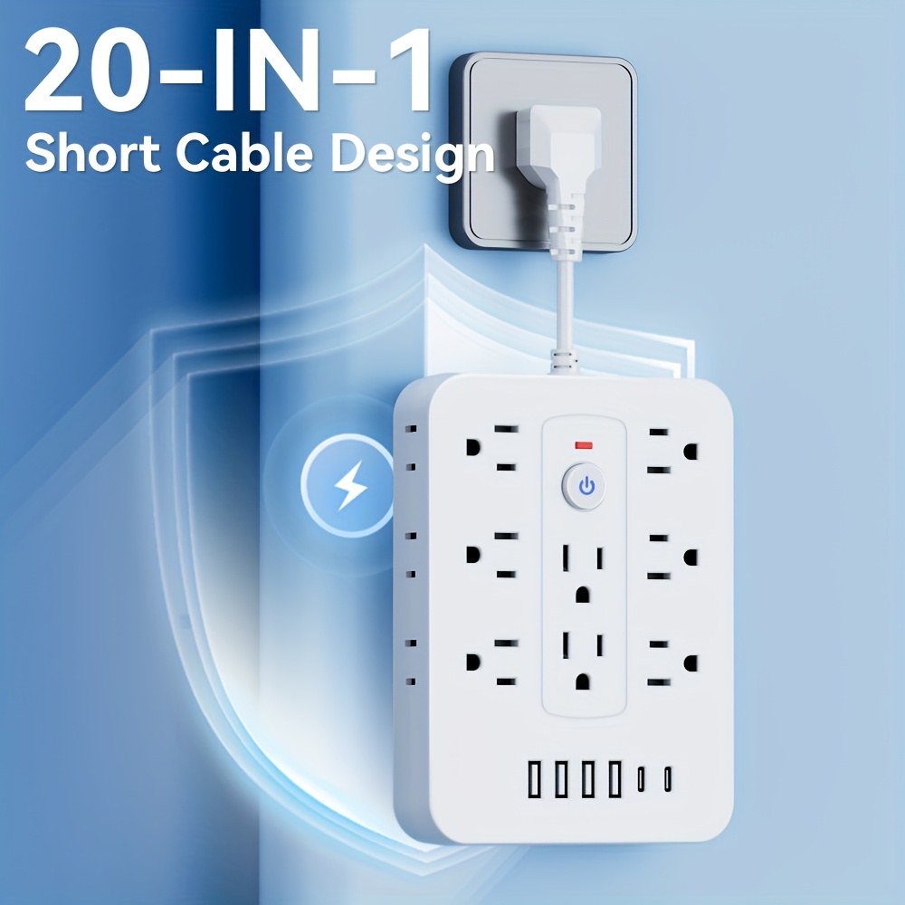 A Multifunctional Power Strip with Overload Protection, Featuring 14 AC Outlets, 4 USB Outputs, And 2 Type-C Outputs. Available in White Or Black, with Options for Short, 5FT, Or 10FT Extension Cords. It Includes Dual Side Sockets