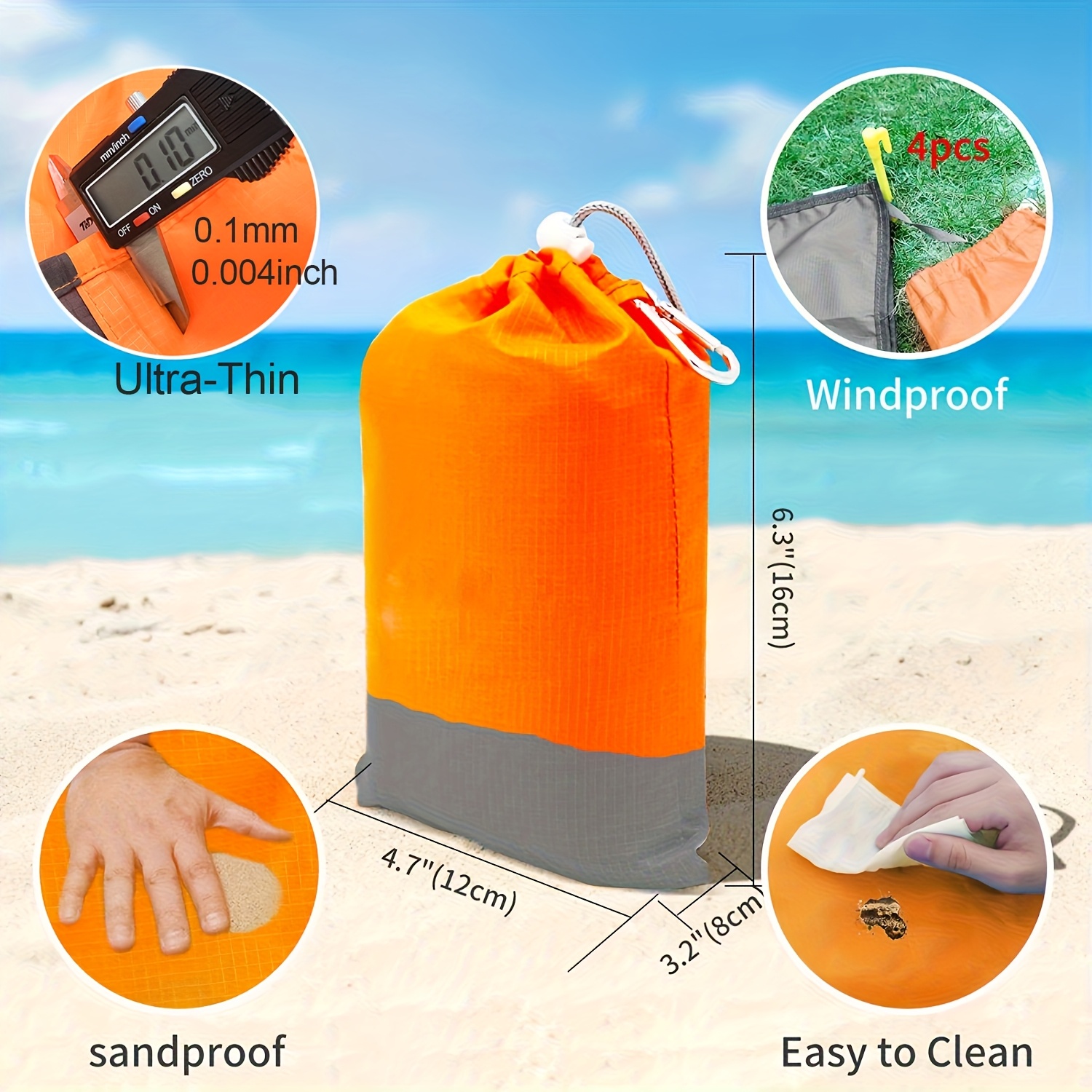 Tapis De Plage Anti-sable DONGQI 210x200 Cm – Avec 4 Piquets, Imperméable, Résistant, Compact, Pour Plage, Camping, Randonnée, Bleu