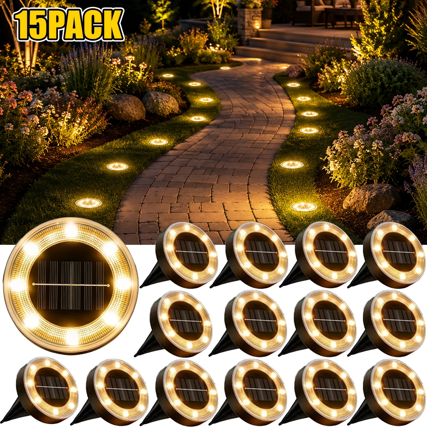 TEMU 15/11-pack Solar-powered Flat Ground Lights, Outdoor Ip44 Garden Path Lights, Smart Switch, Upgraded Led Landscape Lights, Suitable For Outdoor