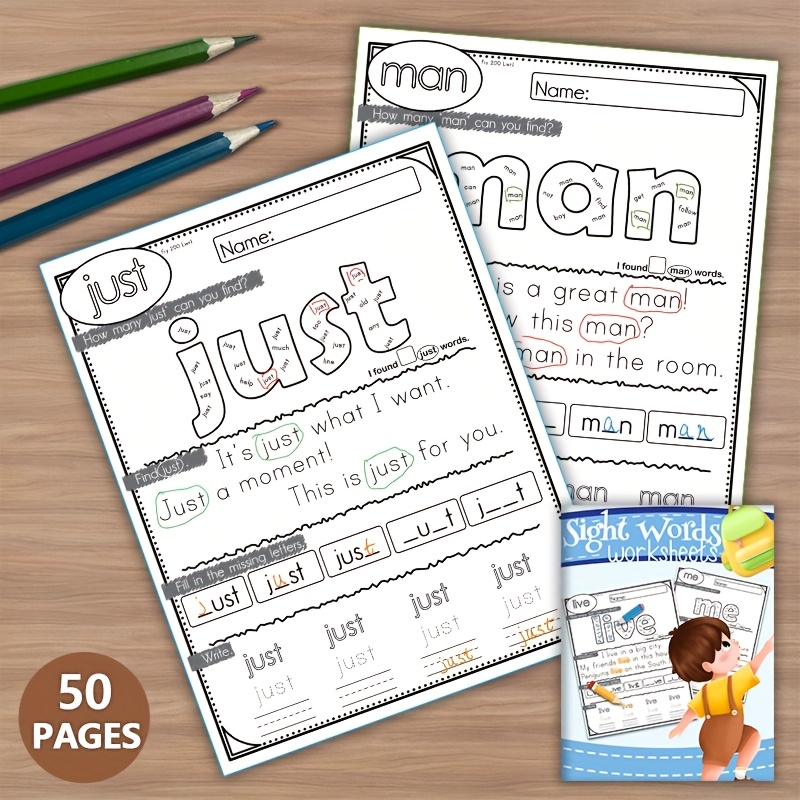 

50-page Sight Words Worksheets - High-frequency Word Practice For Early Readers, Fun Literacy Activities For Classroom & Homeschool, Blue Paper Material