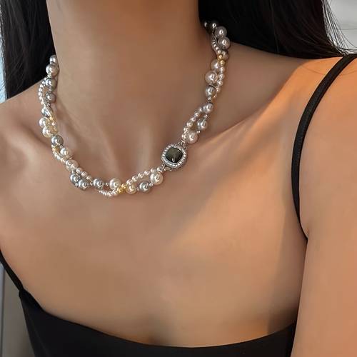 fashion double layered twisted mixed color imitation pearl necklace french sweater chain light luxury collarbone chain party gift