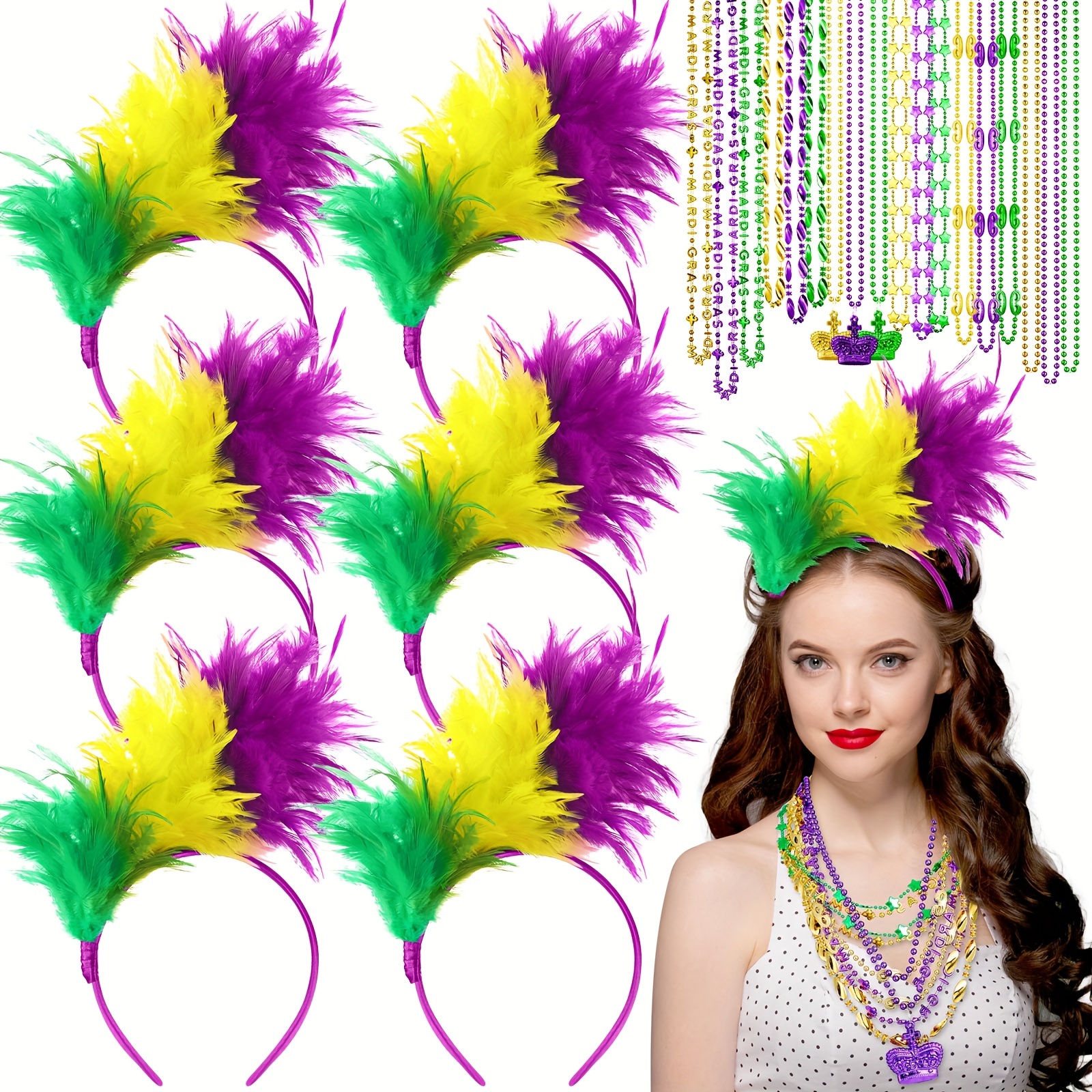48 pcs mardi gras feather headbands beads necklaces 1920s - Temu display picture 3