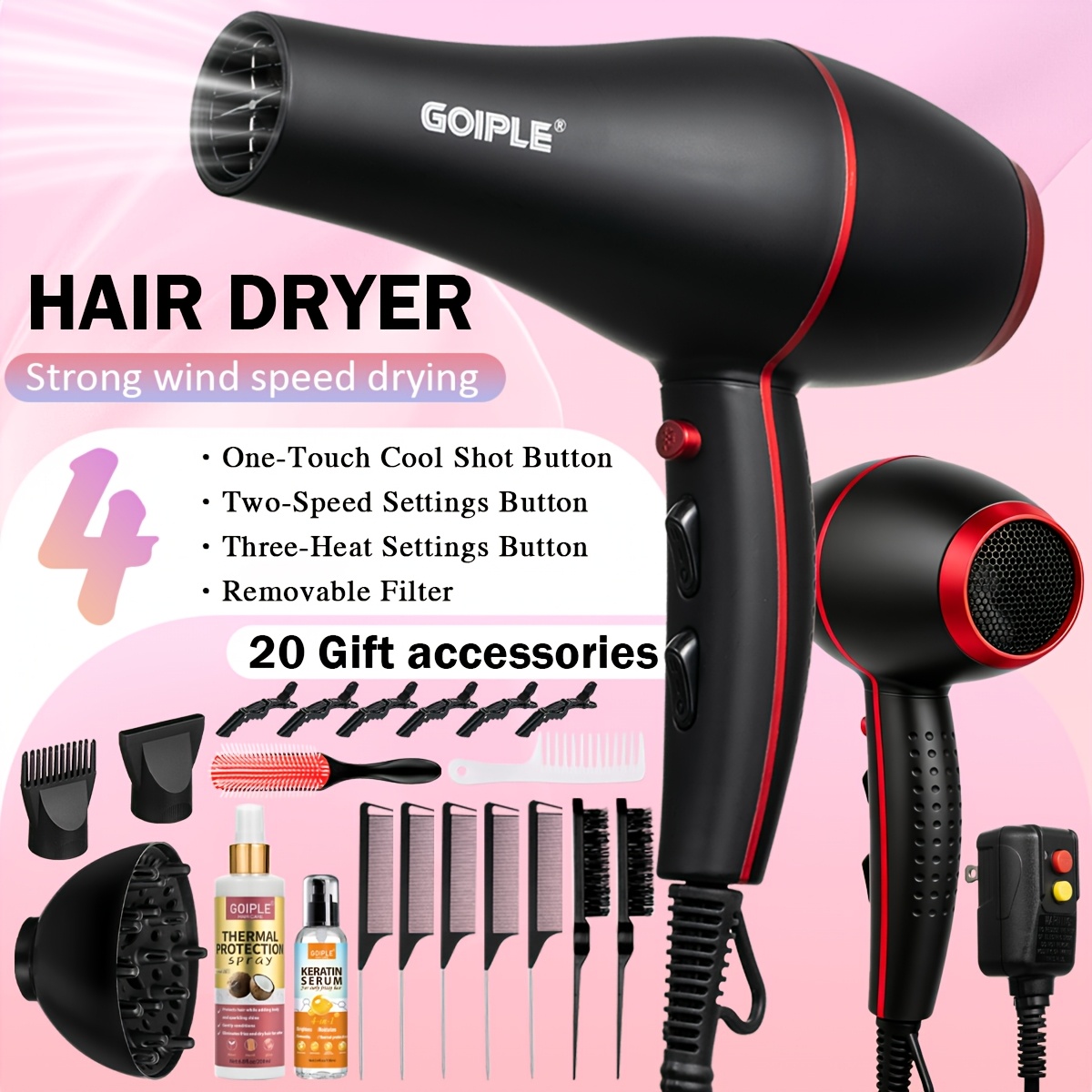 Goiple Professional Hair Dryer Kit - Fast Drying, Ionic, Lightweight, Low Noise, Constant Temperature, Blow Dryer for Women And Men -Nozzles, And Accessories Set, US Plug, Ideal for Home, Travel & Salon Use, Perfect Gift for Friends And Partners — Zaynora Luxury Marketplace