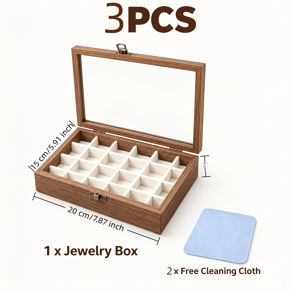 Wooden Ring and Earring Storage Box with Glass Lid