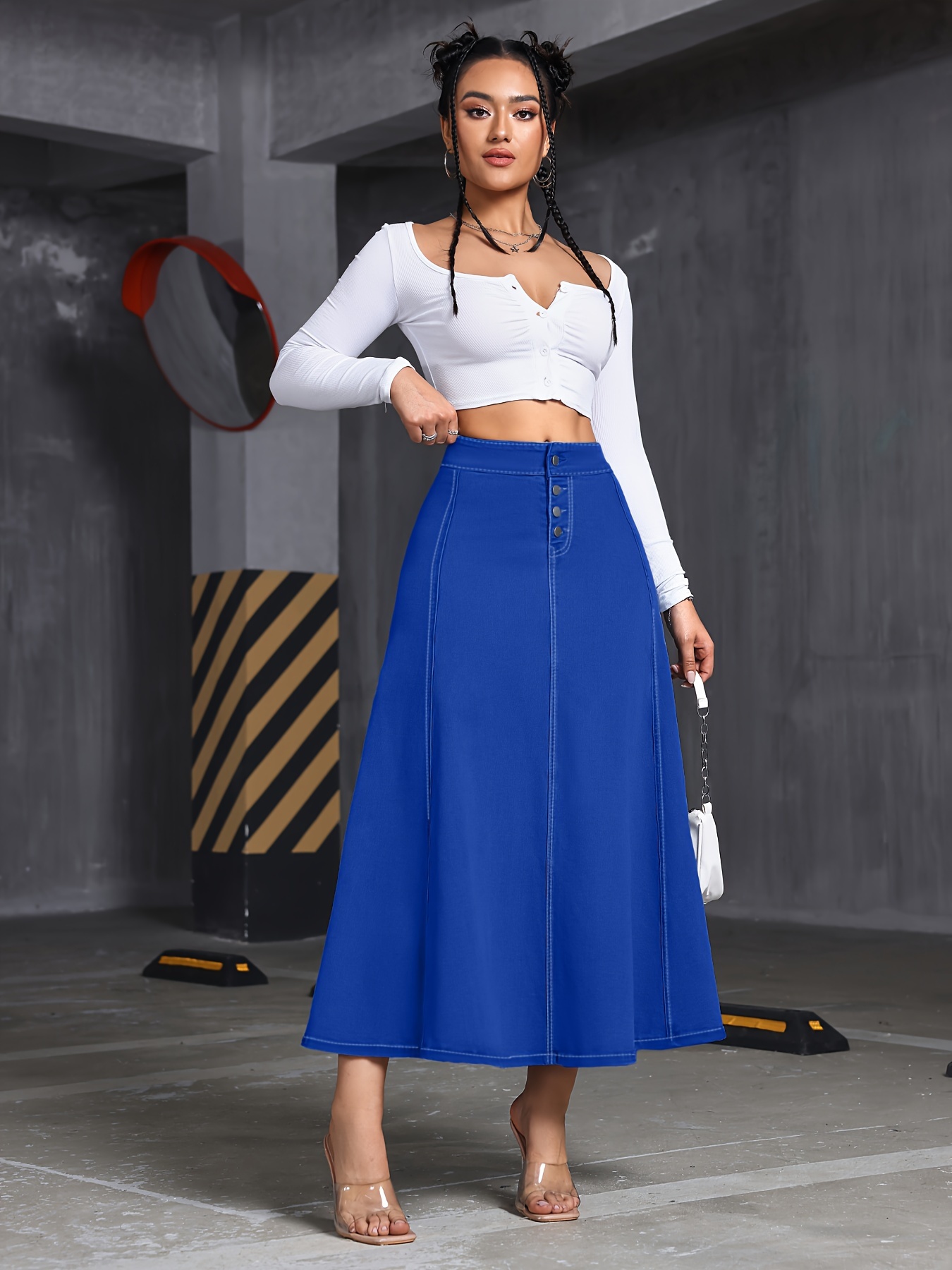 【I AM MARI】Joanne Flared Long Skirt (belt set) women's high waist a line flared denim skirt front button
