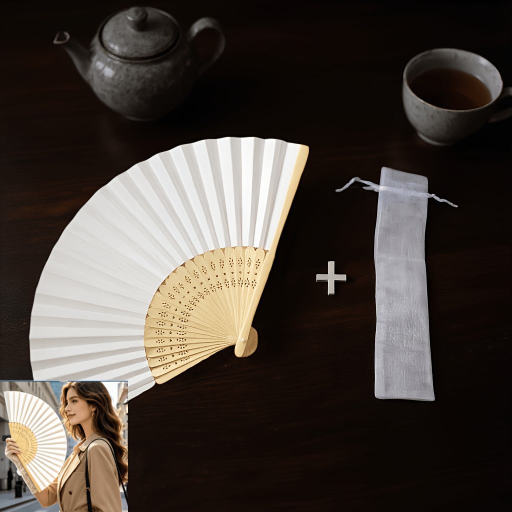 Blank Folding Fans With Storage Bag, Plain Paper Fans And Painted, Bamboo Handle, Suitable For Wedding Party Favors And Gifts