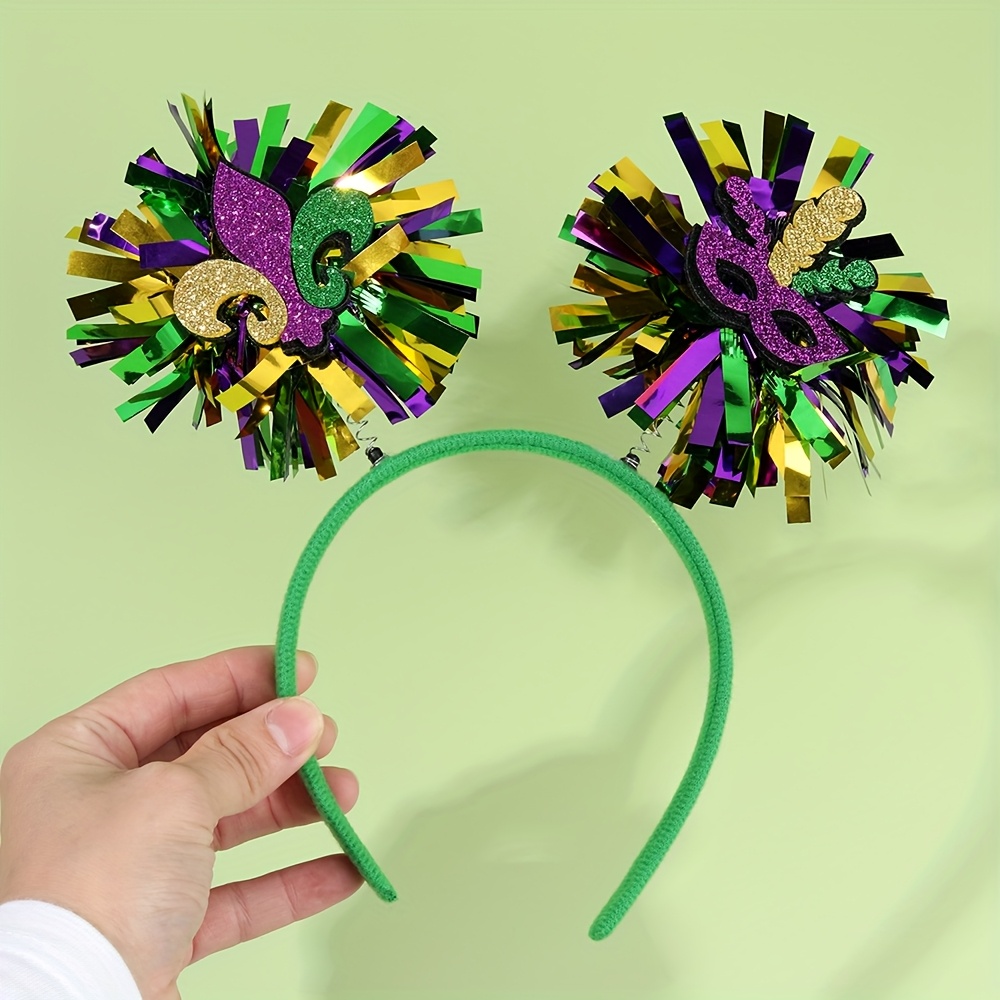 

1pc Mardi Gras Day Glitter Headband, Sparkly Purple Green Yellow Striped Ball Hair Hoop, Jester Hat Mask Decor, Cute Plastic Accessory For Teens, Outdoor Hiking, Non-textile Weave, Holiday Party Gift