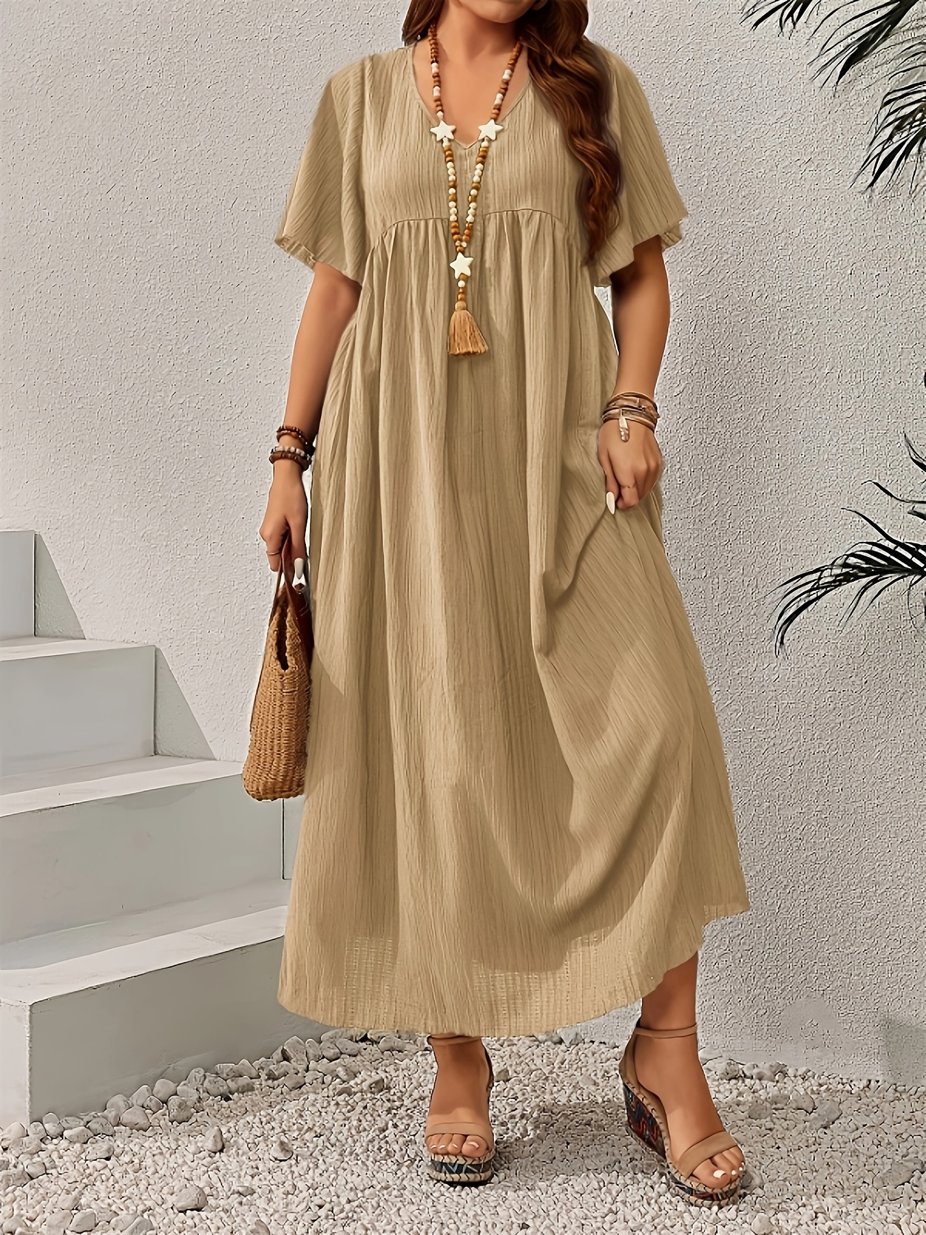 high neck brown midi dress Khaki Shirred Leah Midi Dress