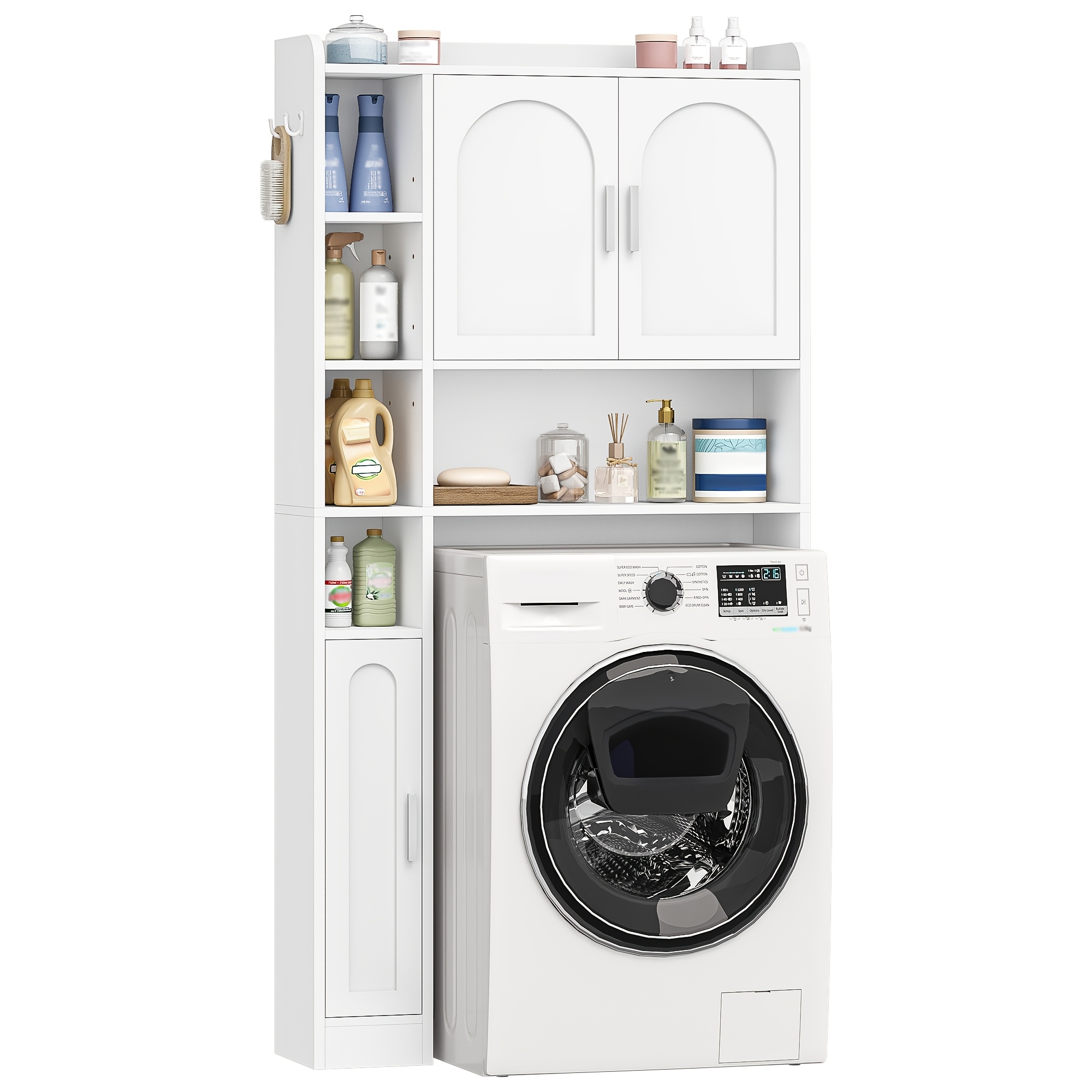 Cabinet For Washing Machine, Shelf With 2 Cabinets, 5 Open Sections, Toilet Shelf Featuring , Adjustable Shelves, Dimensions 24 X 82 X 170 Cm, In