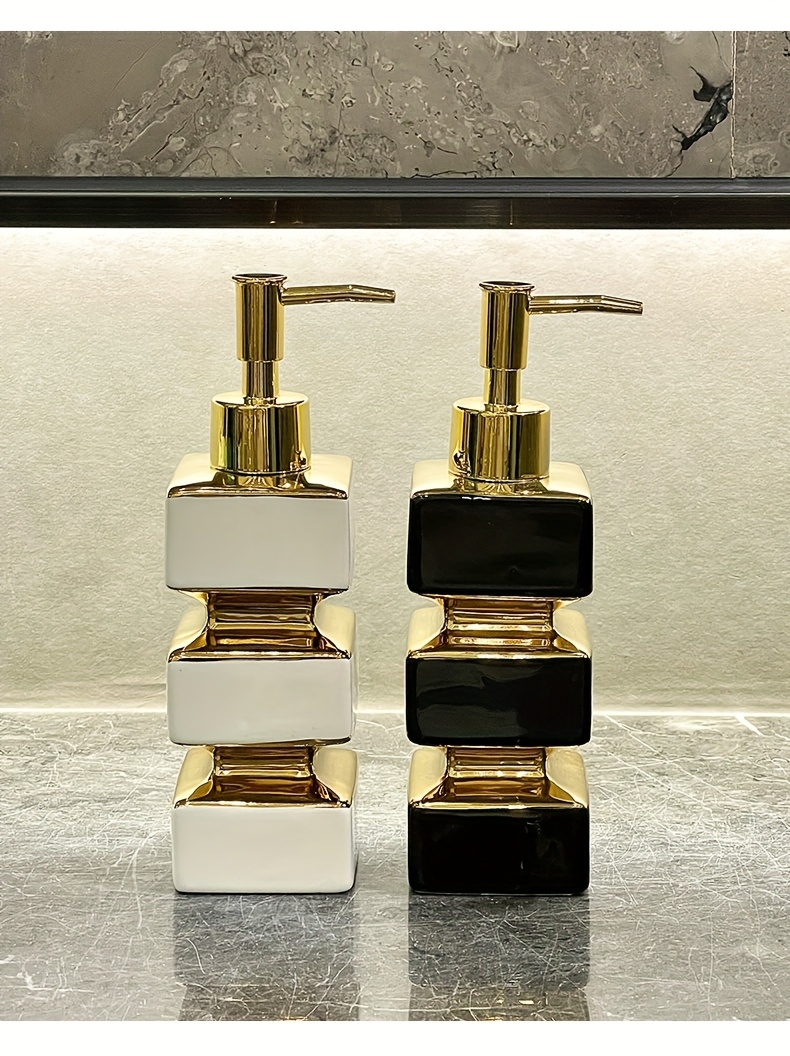 Bathroom Organization And Storage Supplies, Creative Unique Ceramic Mirror Black And White Soap Dispenser, Hotel Washstand Liquid Dispensing Bottle, Pump-Type Empty Bottle, Reusable Shampoo, Shower Gel, Square Tower Lotion Bottle